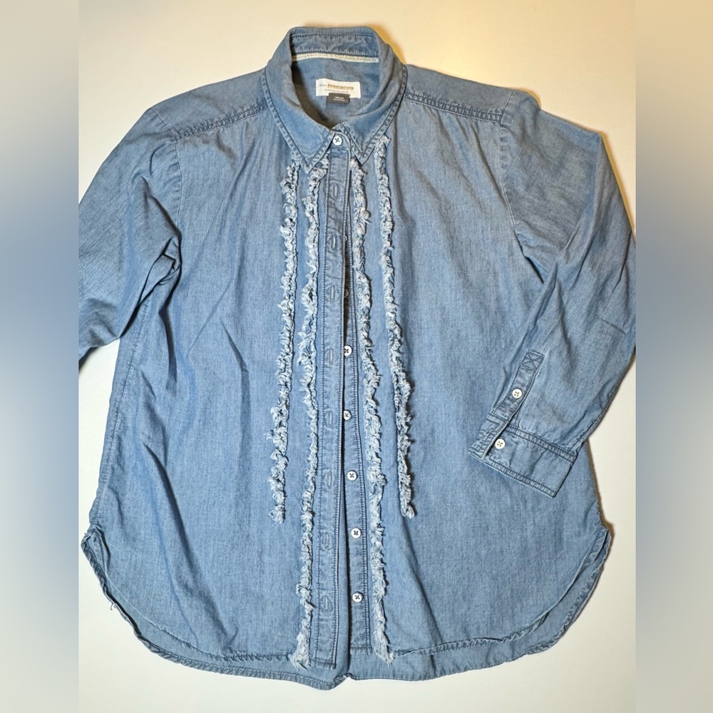 Pilcro by Anthropologie Juni Ruffled Denim Button Down Petite Small 3/4 Sleeve - Picture 4 of 13